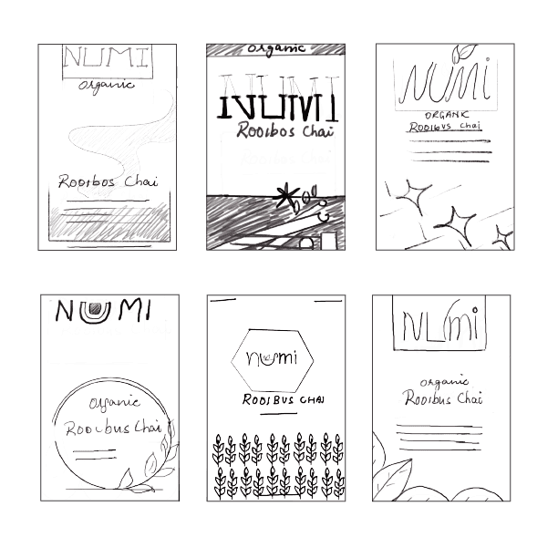 Early packaging sketches exploring panel hierarchy and botanical frame